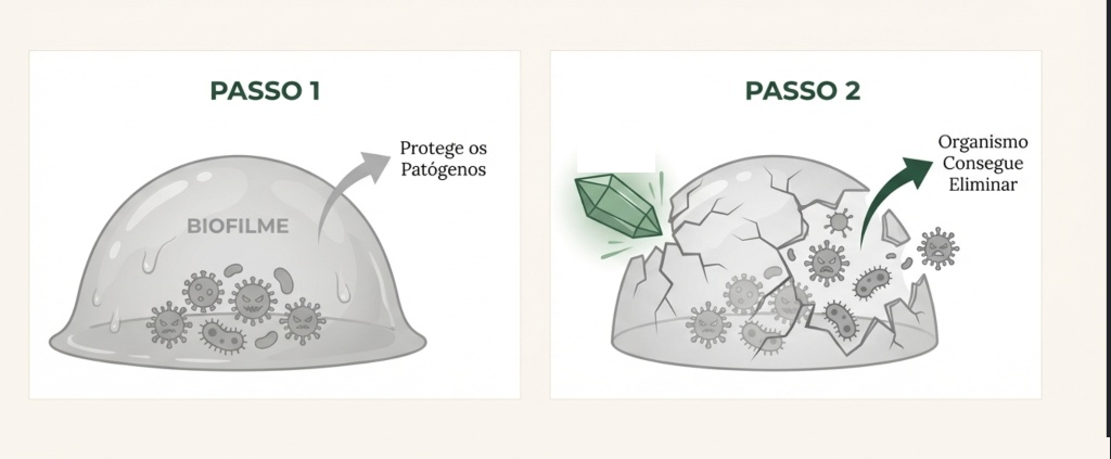 Ilustração didática em duas etapas mostrando uma matriz de biofilme protegida e depois rompida