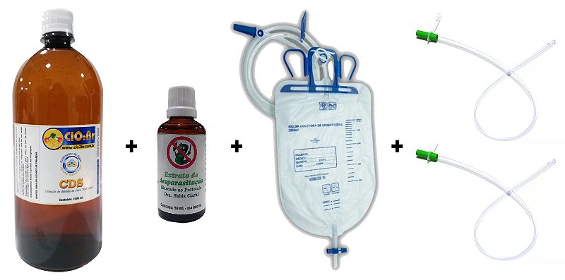 Foto do Kit Enema com bolsa, sondas e frascos fornecida pela loja parceira